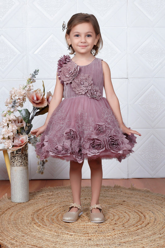 Littleloves Brown Net Flower Ribbon Kids Party Frock Dress