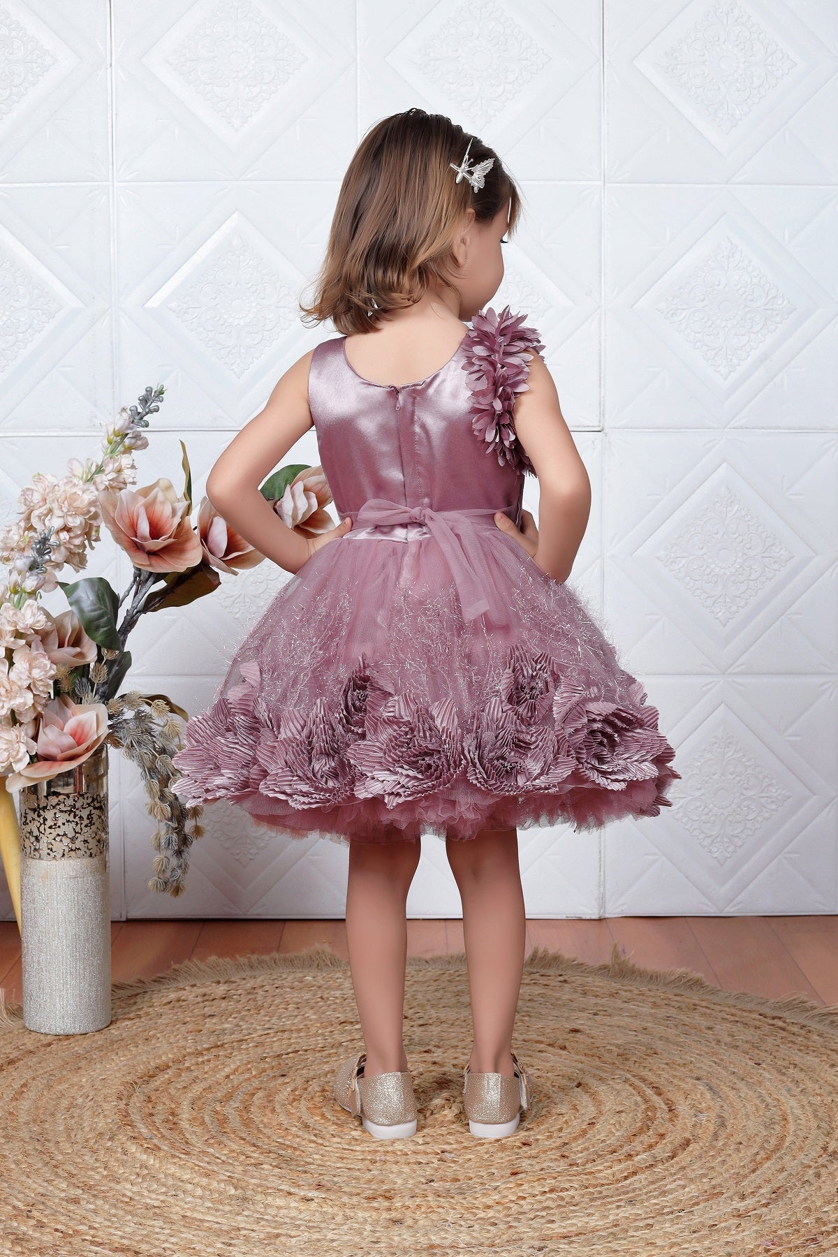 Littleloves Brown Net Flower Ribbon Kids Party Frock Dress