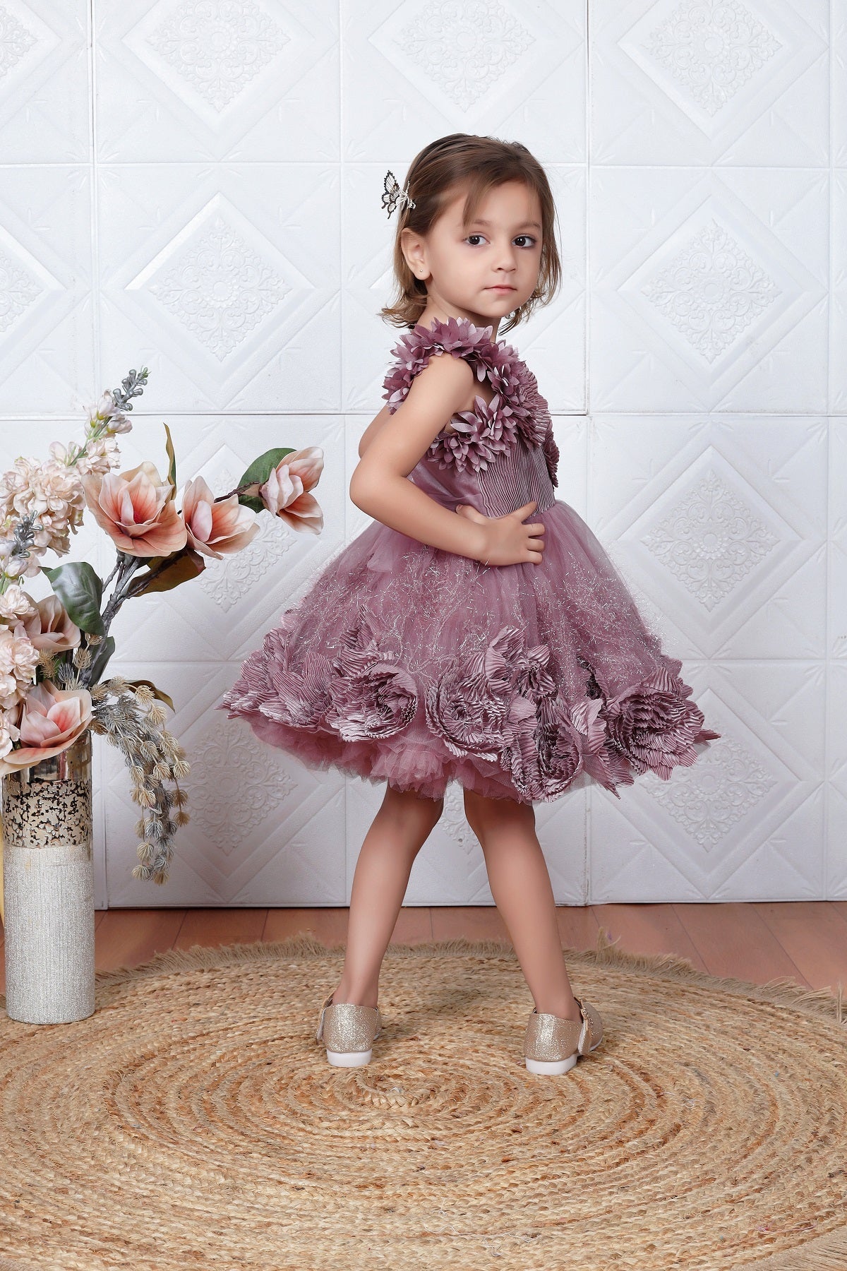 Littleloves Brown Net Flower Ribbon Kids Party Frock Dress