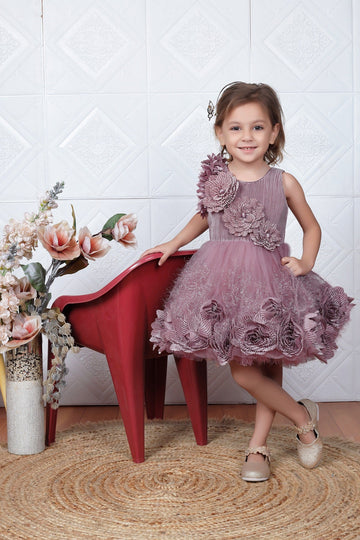 Cutedoll Brown Net Flower Ribbon Kids Party Frock Dress
