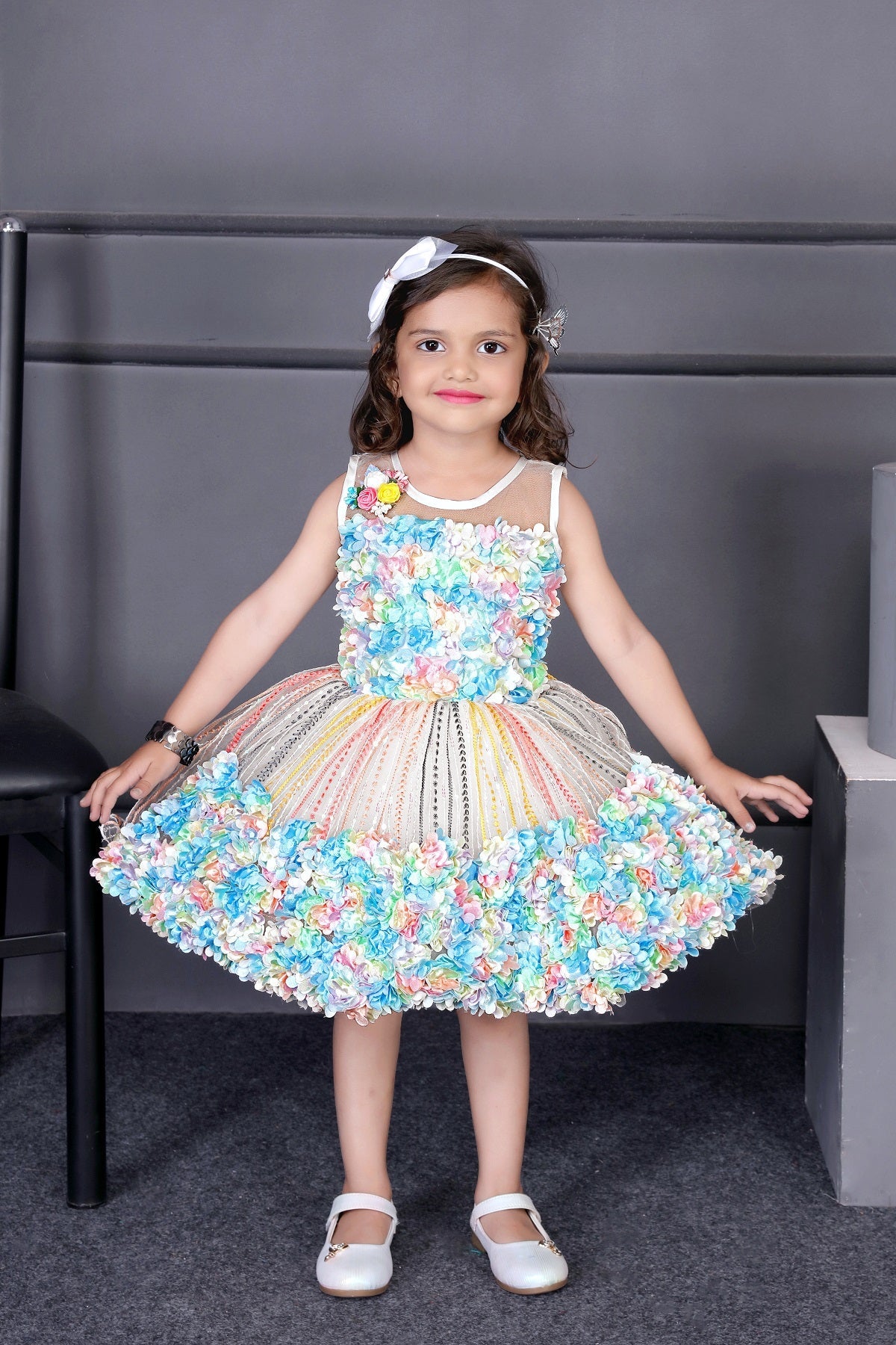 Littleloves White Flower Ribbon Kids Party Birthday Frock Dress