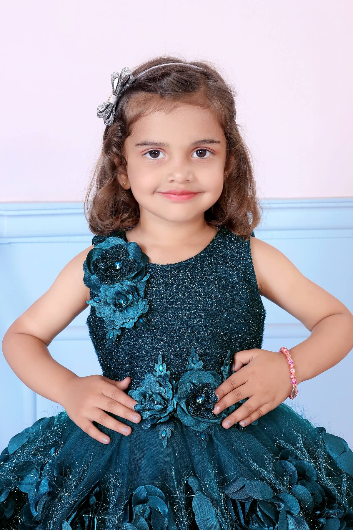 Littleloves Teal Green Color Flower Girl's Party Dress