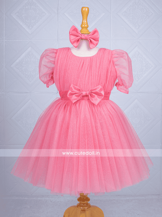 Cutedoll Dark Peach Sparkle Puff Sleeve Baby Kids Party Dress