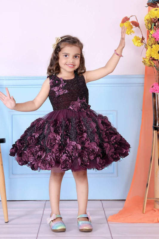 Cutedoll Wine Color Net Flower Girl's Party Dress