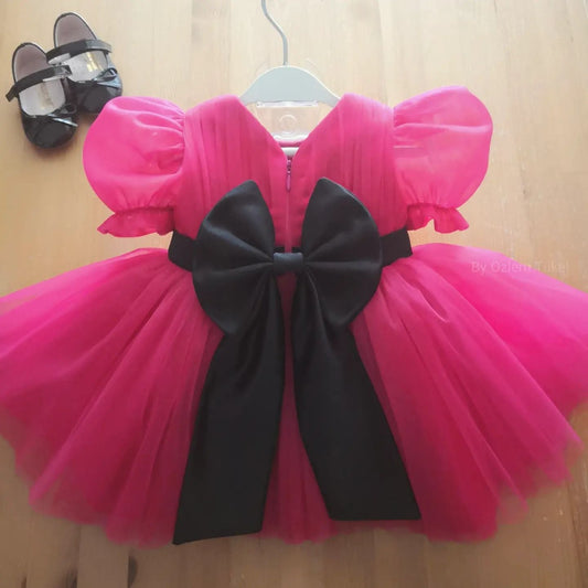 Girls Pink Puff Sleeve Party Kids Dress