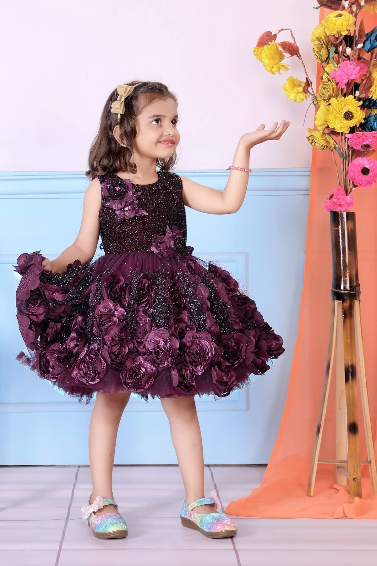 Childbird Wine Color Net Flower Girl's Party Dress