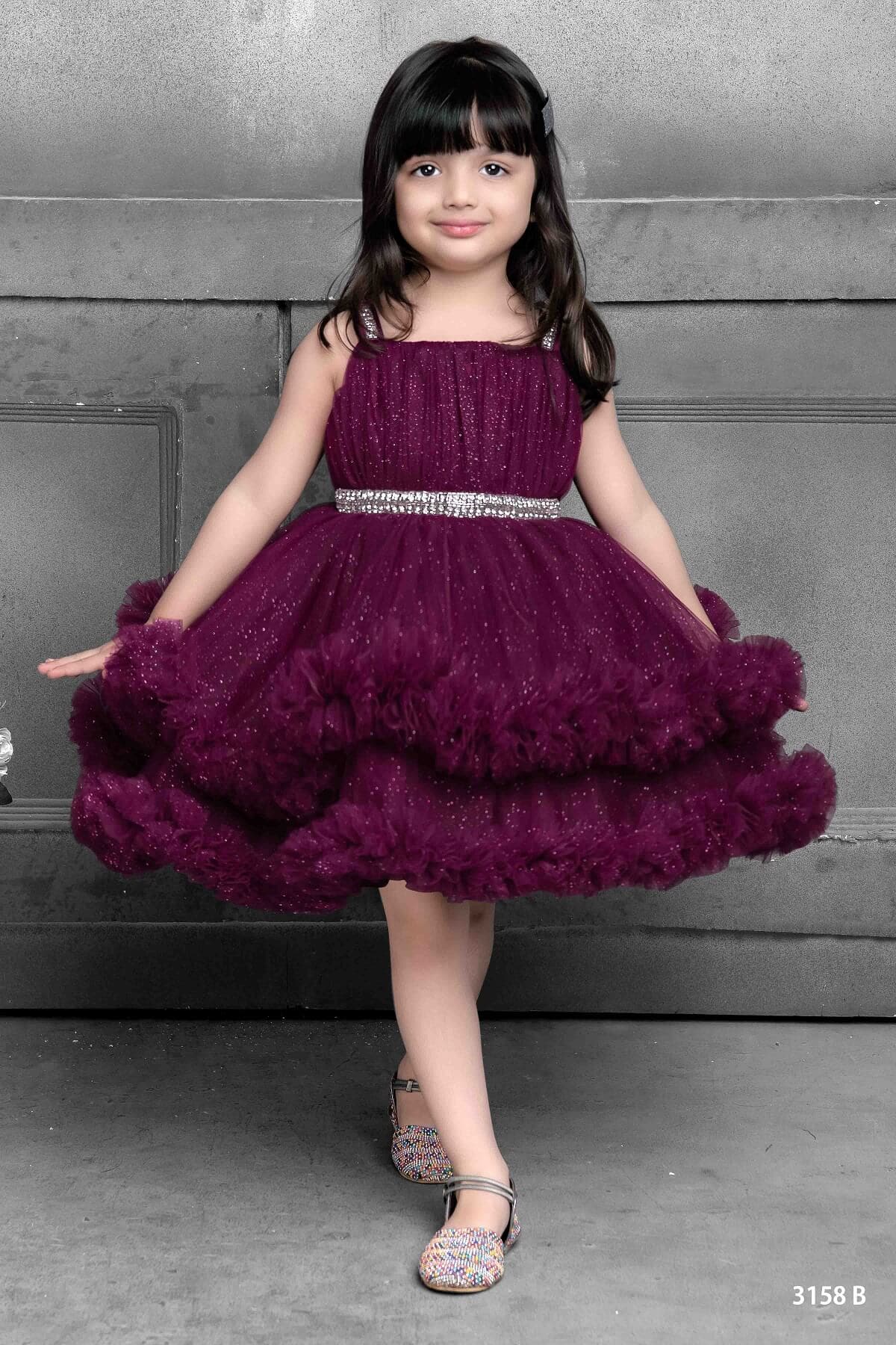 Cutedoll Wine Color Net With Sparkle Girls Party Dress