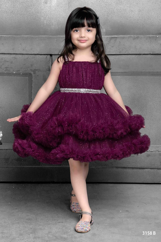 Cutedoll Wine Color Net With Sparkle Girls Party Dress