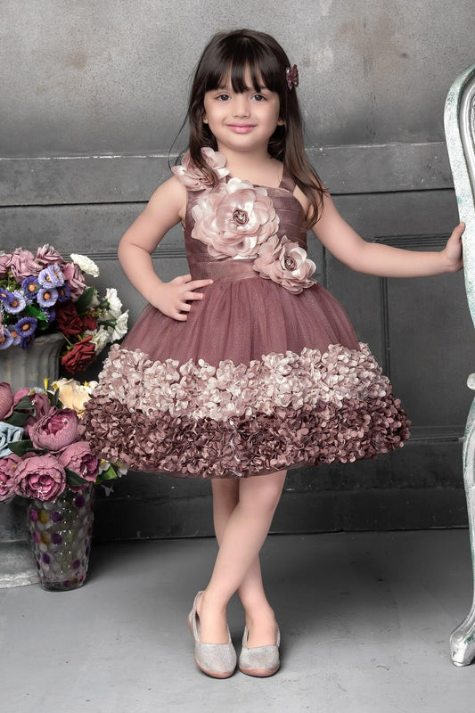 Cutedoll brown Color 3D Flower Net Baby Frock