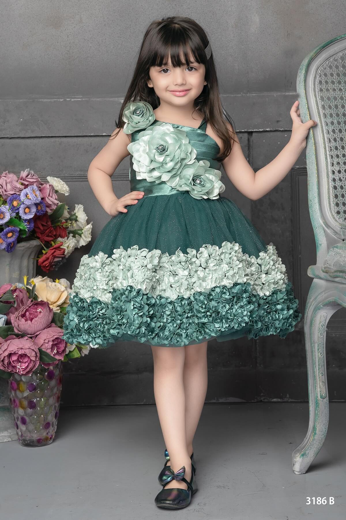 Cutedoll Green Colour 3D Flower Net Baby Frock