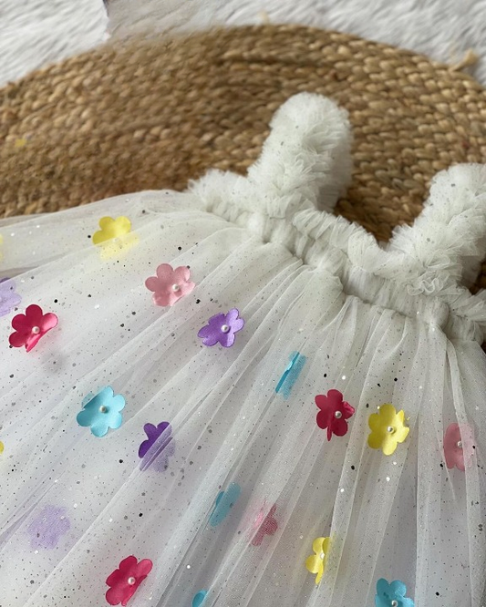 Cutedoll White Sparkle Flower Pattern Kids Party Frock Dress