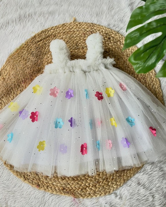 Cutedoll White Sparkle Flower Pattern Kids Party Frock Dress