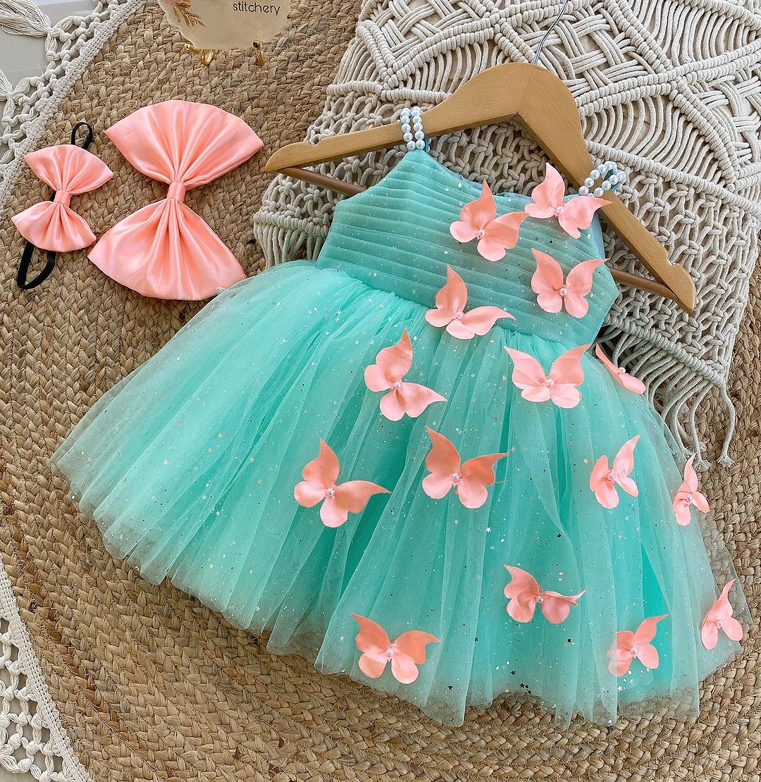 Cutedoll Mint Color Net Sparkle with butterfly kids Girls Dress