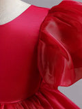 Cutedoll Red Silk Puffy Sleeve Round Neck Toddler Girls Dress