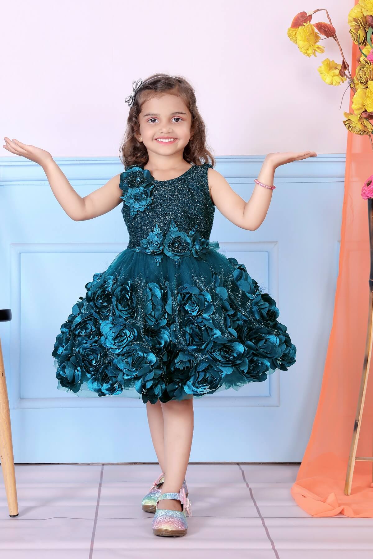 Littleloves Teal Green Color Flower Girl's Party Dress