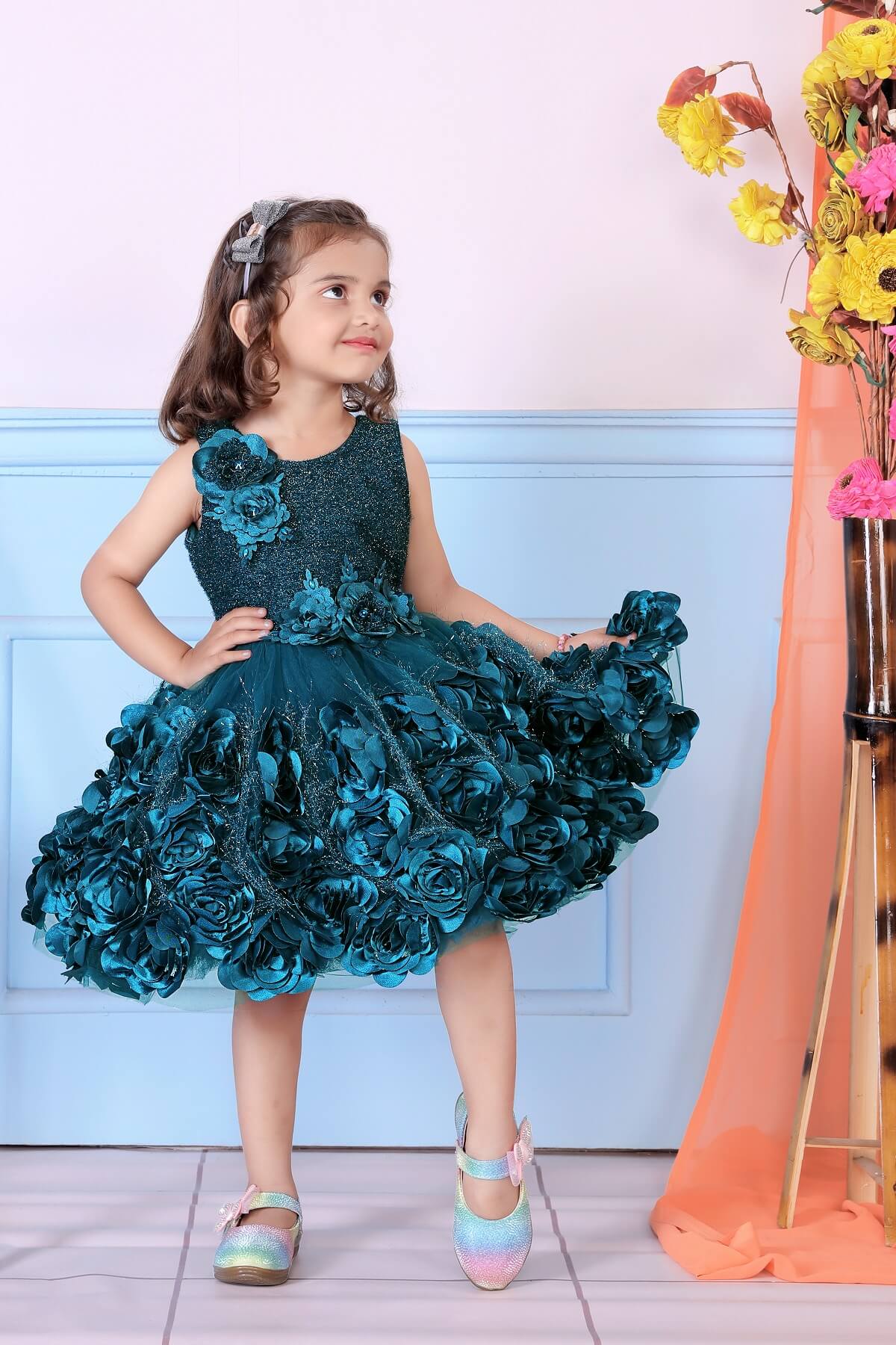 Littleloves Teal Green Color Flower Girl's Party Dress