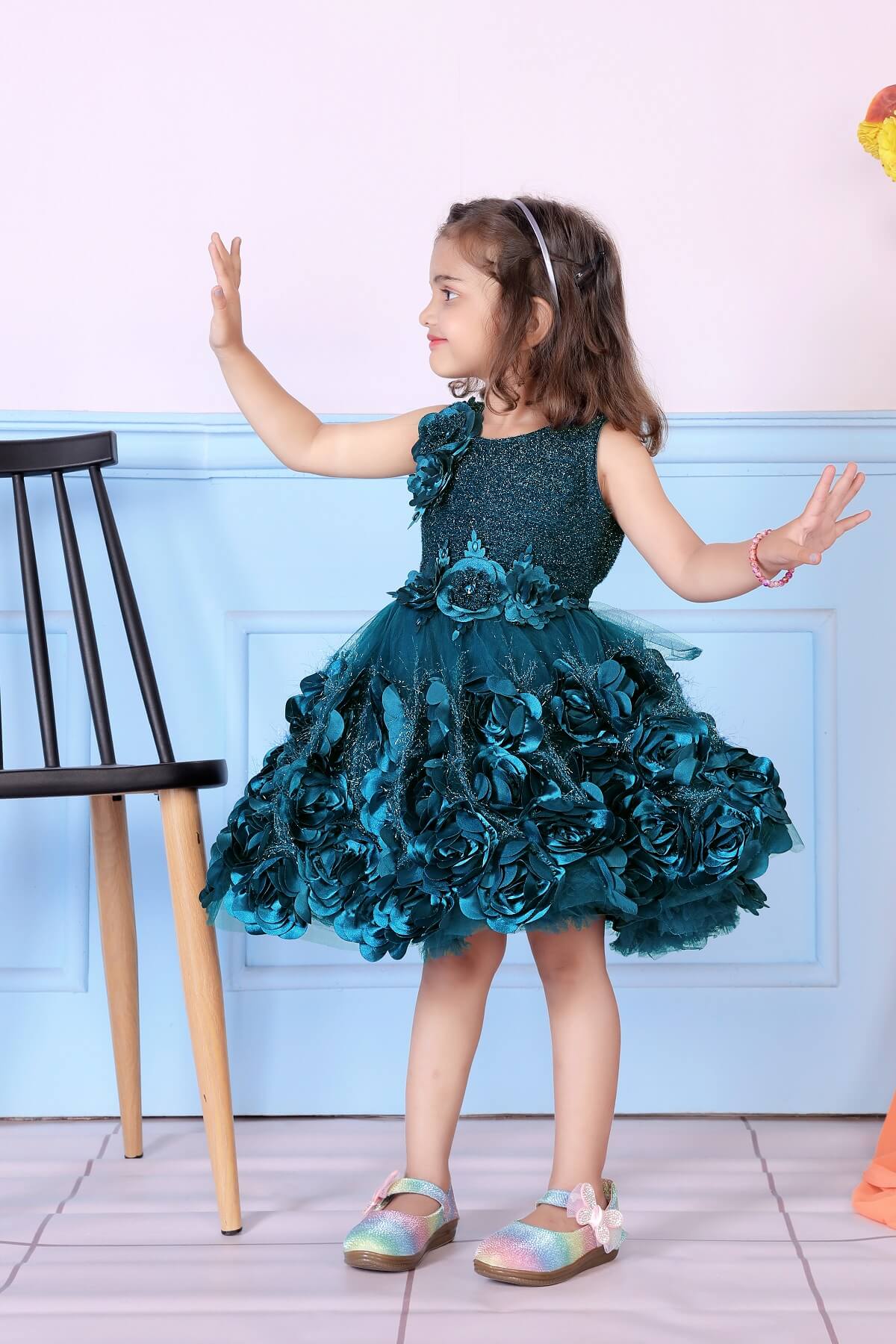 Littleloves Teal Green Color Flower Girl's Party Dress