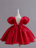 Cutedoll Red Silk Puffy Sleeve Round Neck Toddler Girls Dress