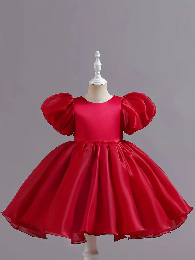 Cutedoll Red Silk Puffy Sleeve Round Neck Toddler Girls Dress