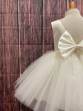 Girls White Pearls V-Back Knee Length Party Dress