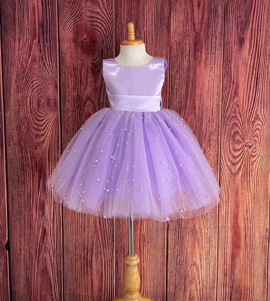 Girls Purple Pearls V-Back Knee-Length Party Dress