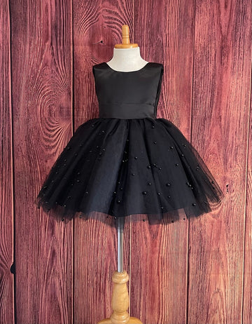 Girls Black Pearls V-Back Knee-Length Party Dress