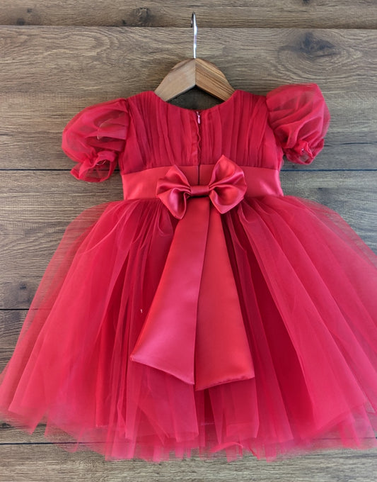 Girls Red Puff Sleeve Party Dress